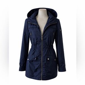 Michael Kors Navy Blue Utility Jacket Drawstring Waist Hooded
